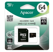 Apacer paměťová karta Secure Digital Card U1, 64GB, micro SDXC, AP64GMCSX10U1-R, UHS-I U1 (Class 10), s adaptérem